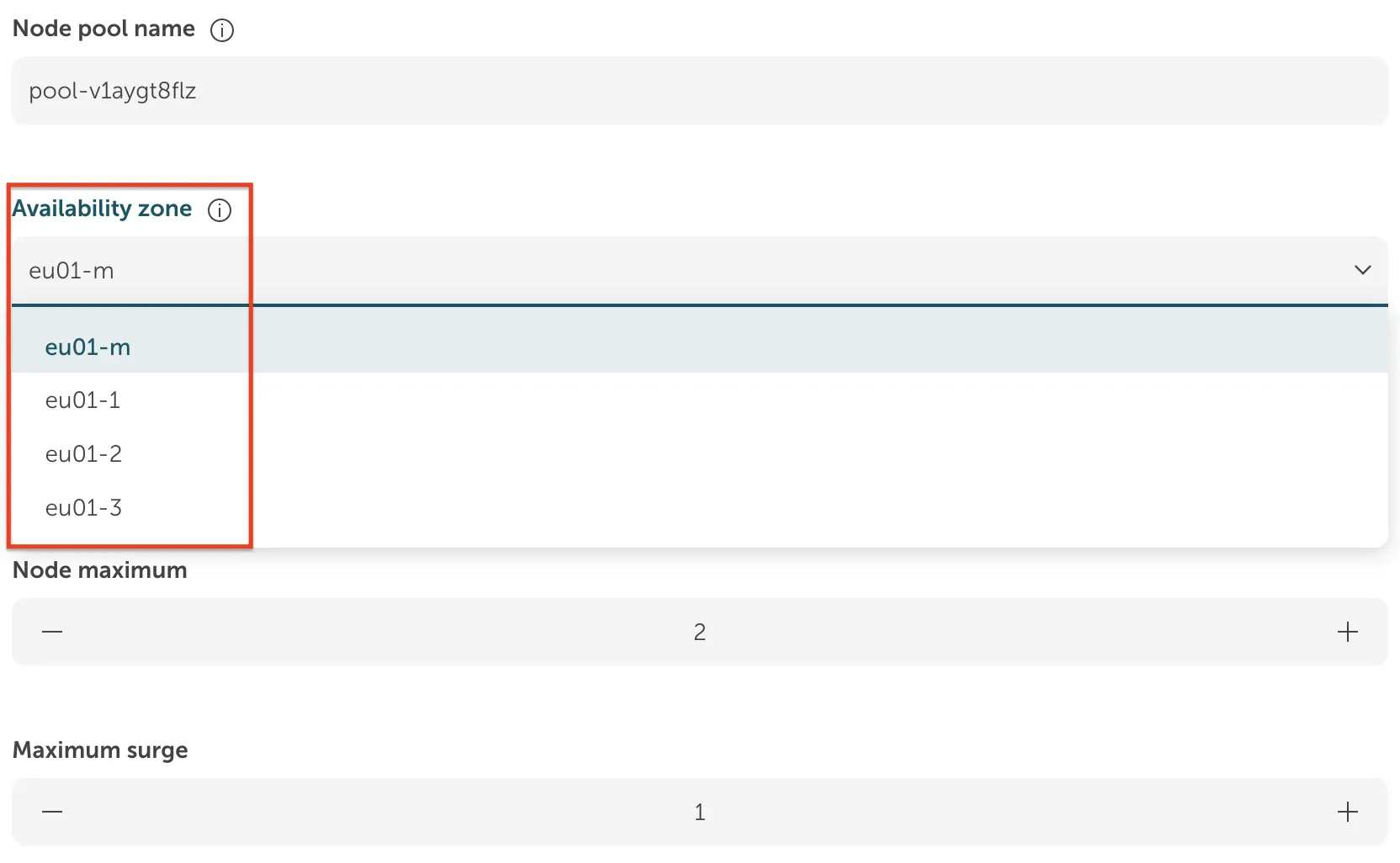 A partial screenshot of the STACKIT Cloud Portal user interface, showing a dropdown menu for selecting an availability zone when configuring a node pool.