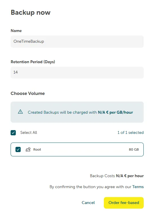 A screenshot showing the confirmation of the fee-based order of the backup service