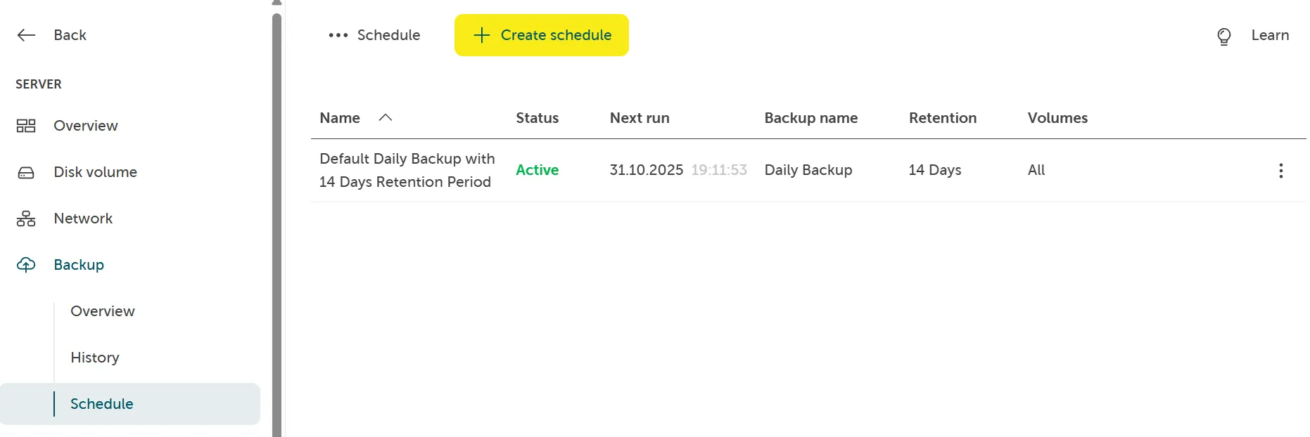 A screenshot showing the backup schedule overview page