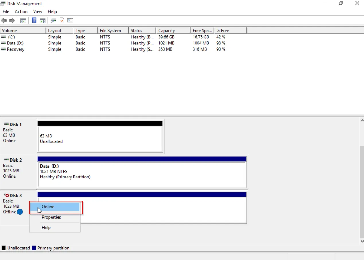 A screenshot showing bringing the new attached volume online via diskmanagement