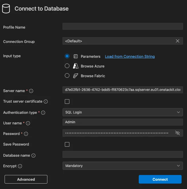 Neue Verbindungsansicht von Azure Data Studio