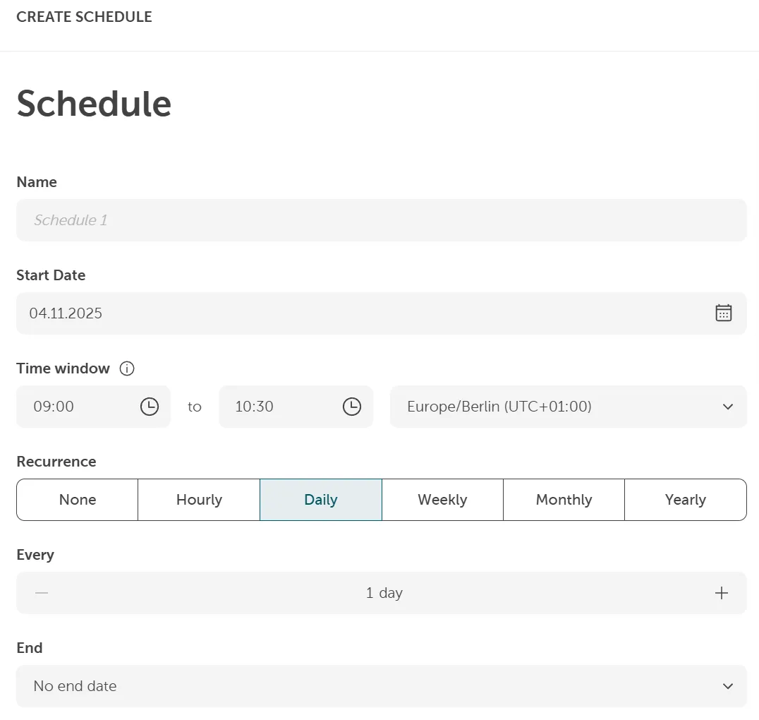 A screenshot showing navigating to servers, and then schedules, clicking create schedule and then the pop-up window where the data can be entered