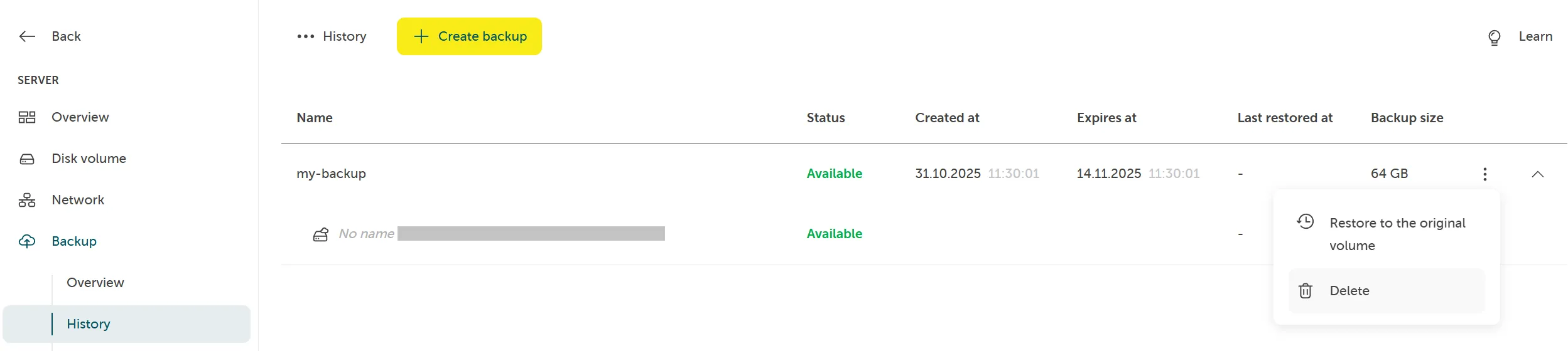 A screenshot showing the backup history, clicking on a backup and then on delete