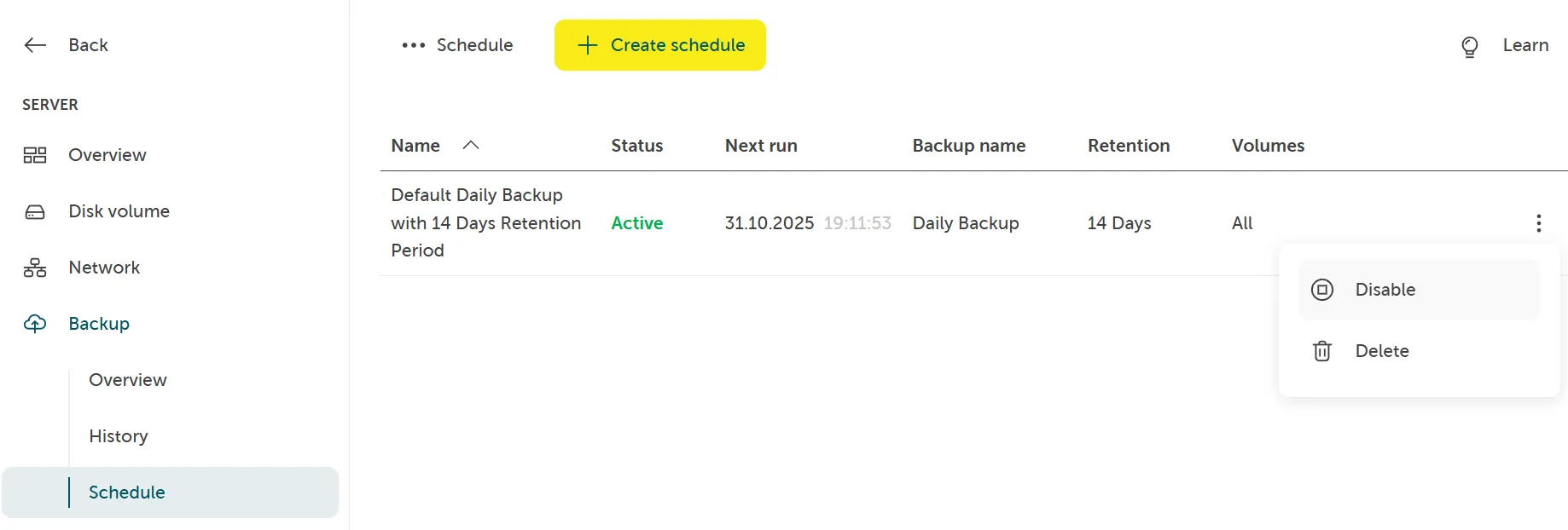 A screenshot showing navigating to the schedules list, clicking a schedule's context menu and selecting Disable.
