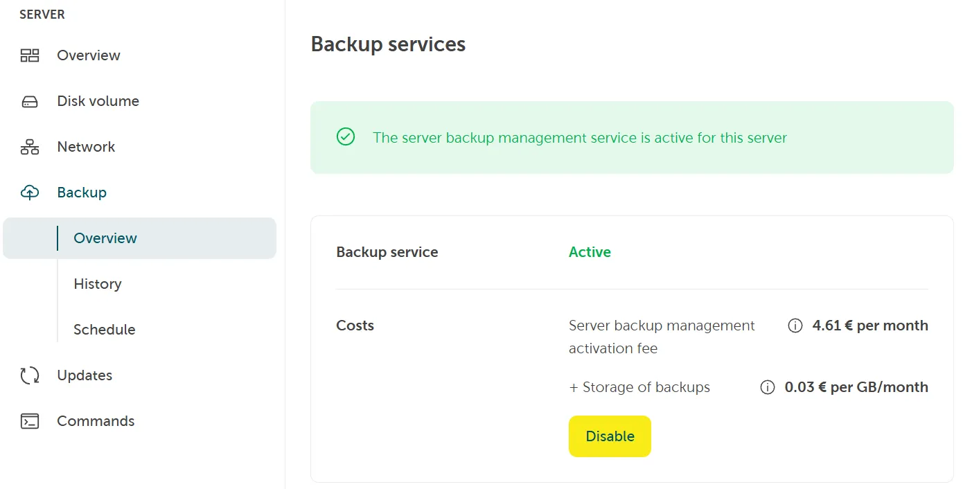 A screenshot showing the backup overview page and clicking on disable