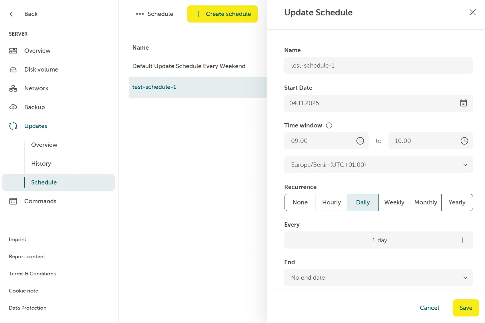 A screenshot showing navigating to servers, then updates, then schedules, then selecting a schedule by clicking on it and viewing the changeable data and the save button