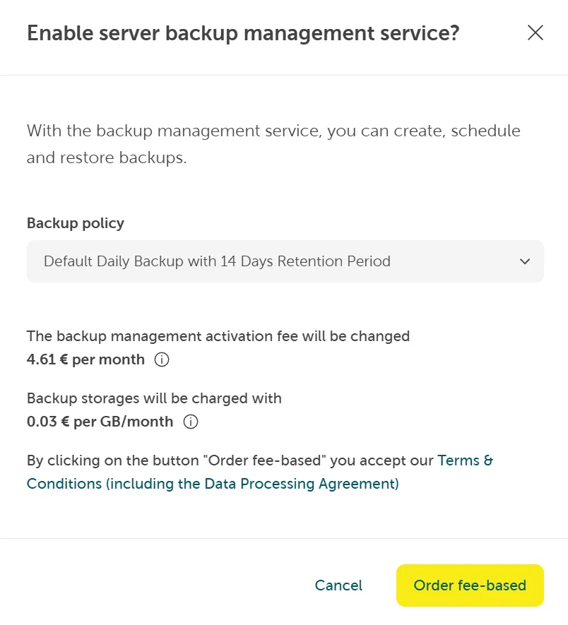A screenshot showing the activation of the server backup management service