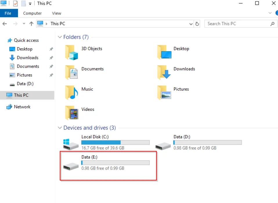 A screenshot showing the explorer view on the extra disk