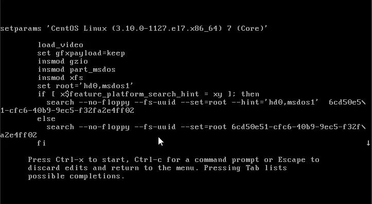 GRUB bootloader menu showing CentOS Linux kernel selection with boot parameters.