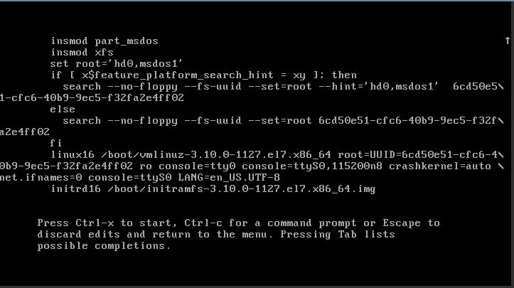 GRUB bootloader configuration showing detailed boot commands for CentOS 7