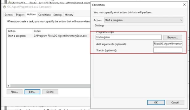 Edit Action dialog box within the Task Scheduler, showing the configuration to 'Start a program' with the program path and arguments being edited.