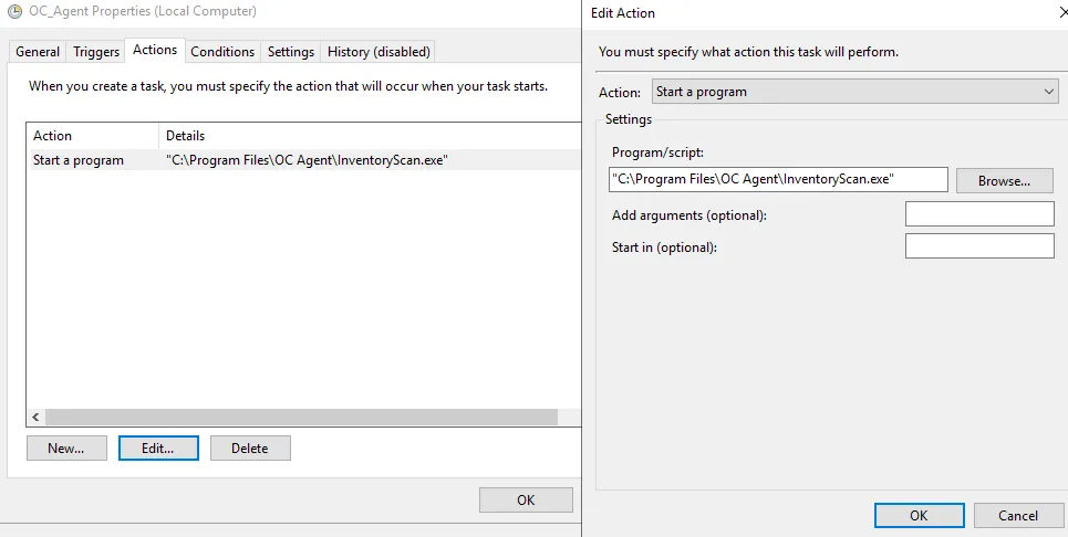 Task Scheduler 'Edit Action' dialog confirming the action to 'Start a program' using the InventoryScan.exe path.