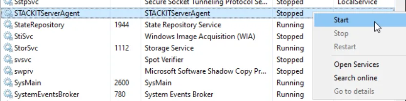 Windows Services context menu open for the 'STACKITServerAgent' service, with the 'Start' option highlighted.