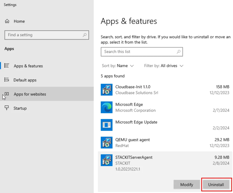 Windows Settings 'Apps & features' view, showing the STACKITServerAgent selected with the 'Uninstall' button highlighted.