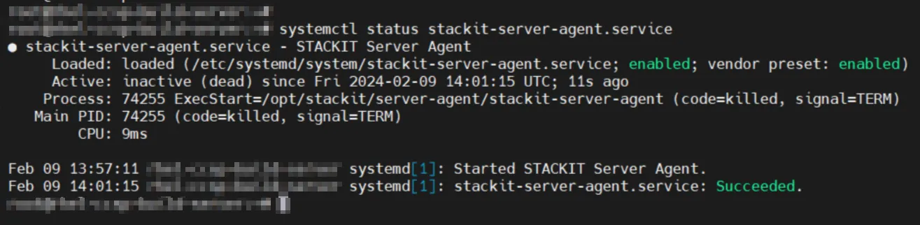 Linux terminal output showing the status of the 'stackit-server-agent.service' as 'inactive (dead)' via systemctl.