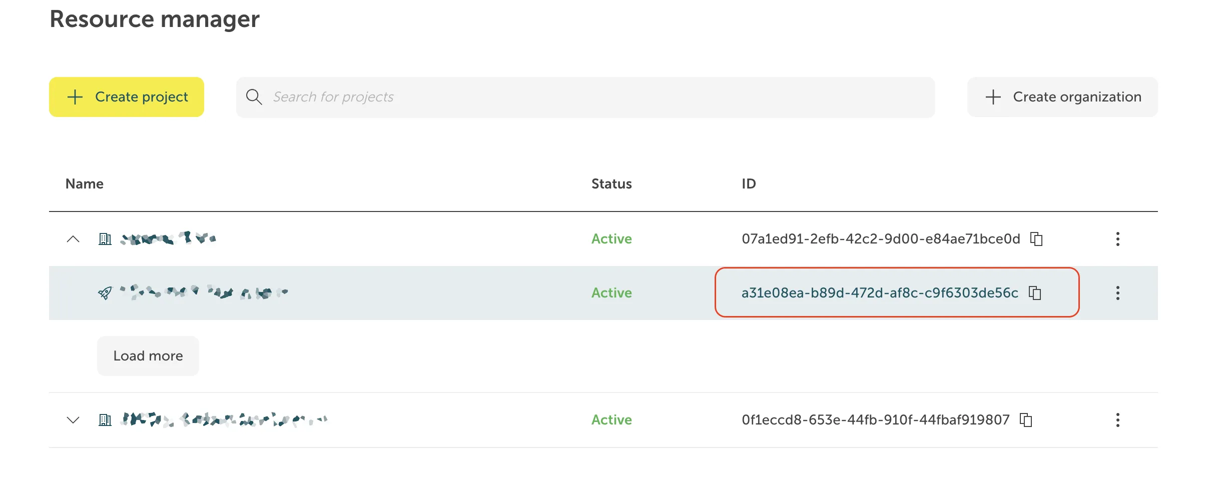 A screenshot of a Resource manager dashboard, typically used in a cloud platform to manage organizations and projects. The page header reads "Resource manager." Below the header are two primary action buttons: a yellow button with a plus icon that says "Create project" and a button on the right with a plus icon that says "Create organization." In the center is a search bar labeled "Search for projects." A table lists multiple projects with columns for Name, Status, and ID. The status for all visible projects is Active, displayed in green text. The second project in the list is highlighted by a red outline around its ID field. The ID, which is a31e08ea-b89d-472d-af8c-c9f6303de56c, is followed by an icon to copy the ID to the clipboard and a vertical ellipsis icon for more options. A "Load more" button is visible beneath the second project, indicating the list is truncated.