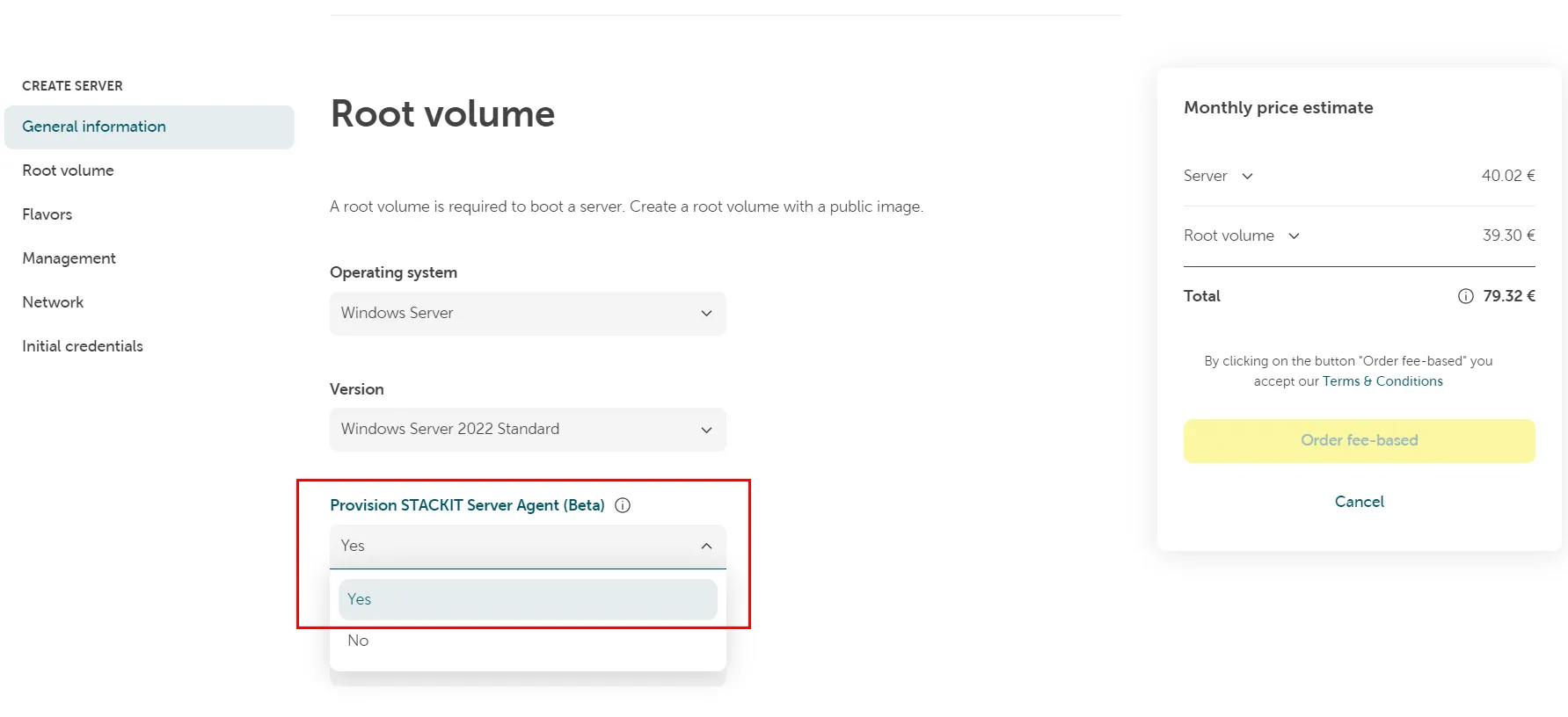 Server creation form showing Root volume configuration, with the dropdown menu open to select 'Yes' for provisioning the STACKIT Server Agent (Beta).
