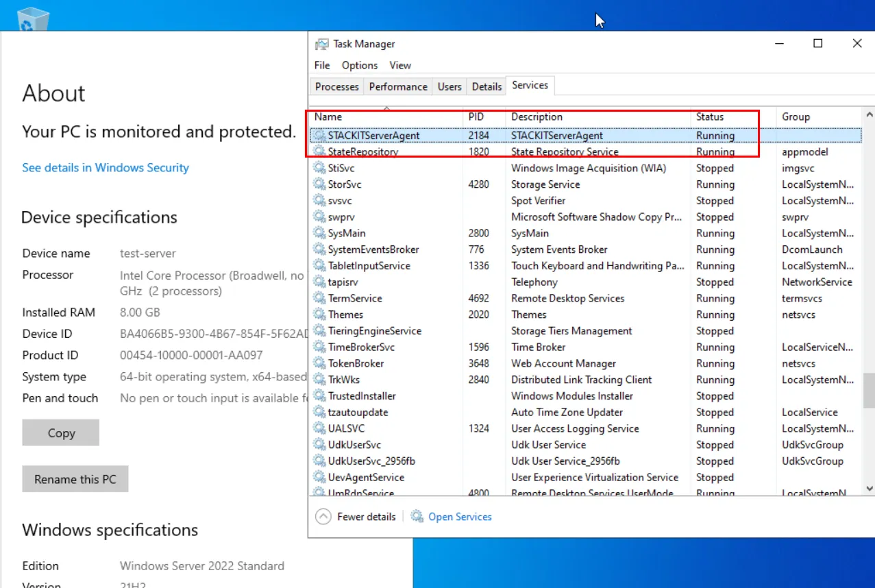 Composite screenshot showing the Windows Server 2022 'About' page and the Task Manager Services tab, confirming the STACKITServerAgent status as 'Running'.
