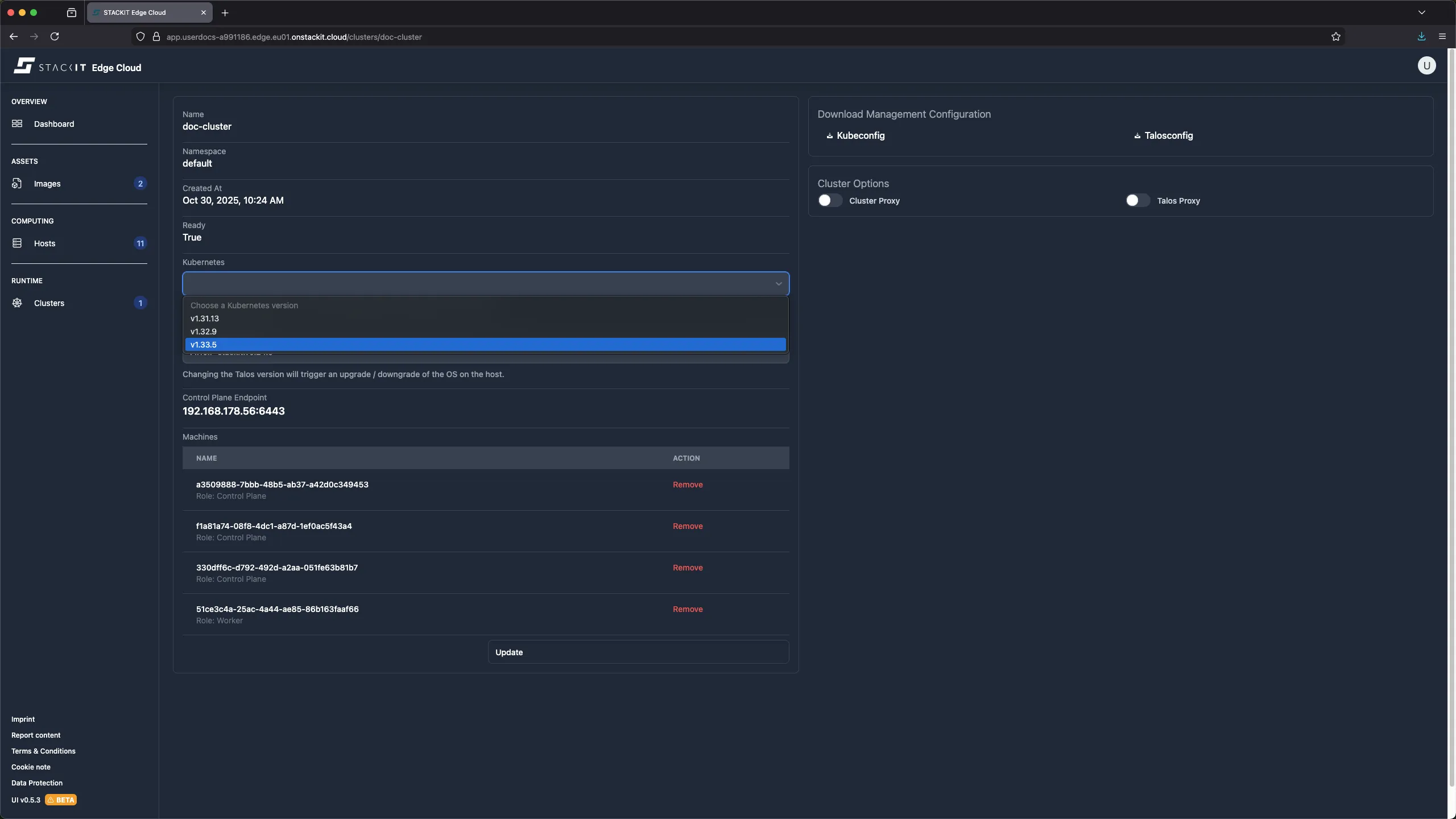 STACKIT Edge Cloud Dashboard: Cluster Update - Kubernetes Version Selection. A screenshot of the STACKIT Edge Cloud cluster details page for doc-cluster, showing the dropdown menu for selecting the Kubernetes version. The available versions are v1.31.3, v1.32.1, and v1.33.0 (currently selected). A warning notes: "Changing the Kubernetes version will trigger an upgrade/downgrade of the cluster." This illustrates the process of initiating a Kubernetes version change.