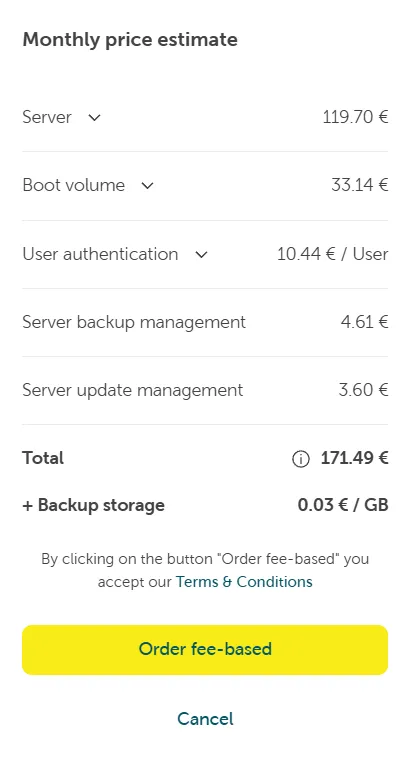 Monthly price estimate summary showing the breakdown of costs, the total of 171.49 €, and the final 'Order fee-based' button.