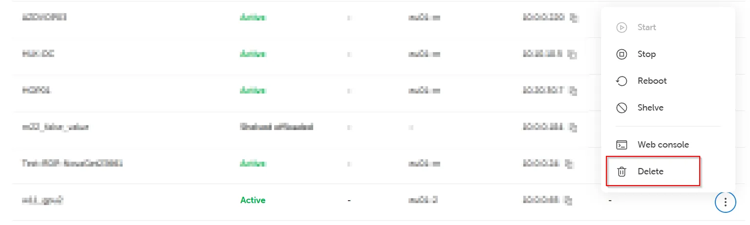 Context menu for a server in the list view, displaying management actions including Start, Stop, Reboot, and the highlighted 'Delete' option.