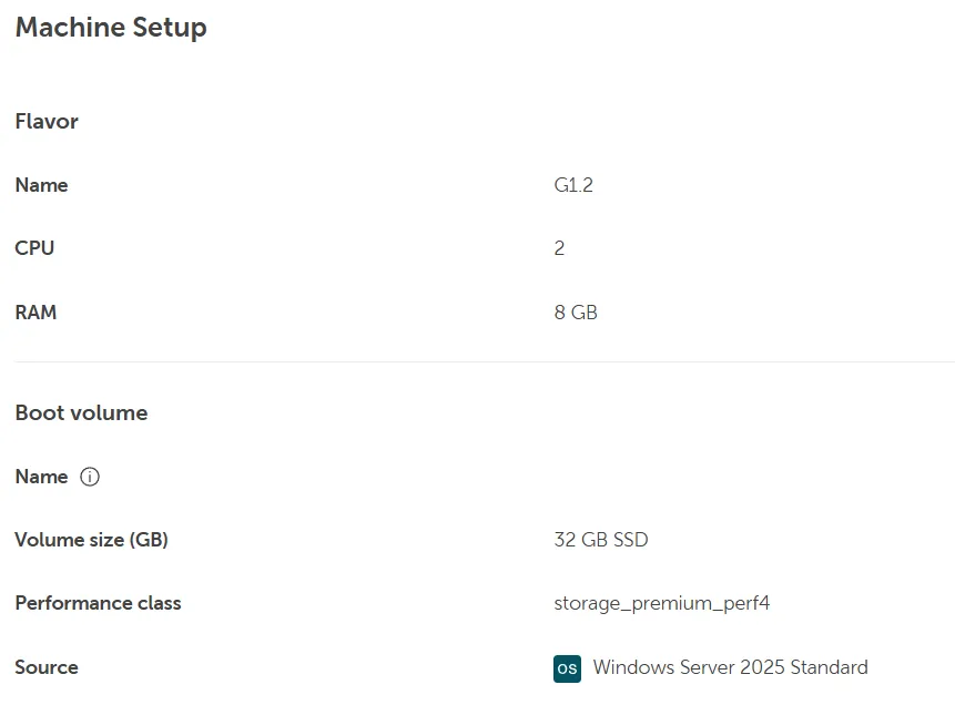 Machine Setup section detailing server configuration: CPU, RAM, boot volume size, and Windows Server 2025 Standard image source.