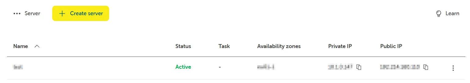 Server list view with one Active server and the highlighted 'Create server' button.