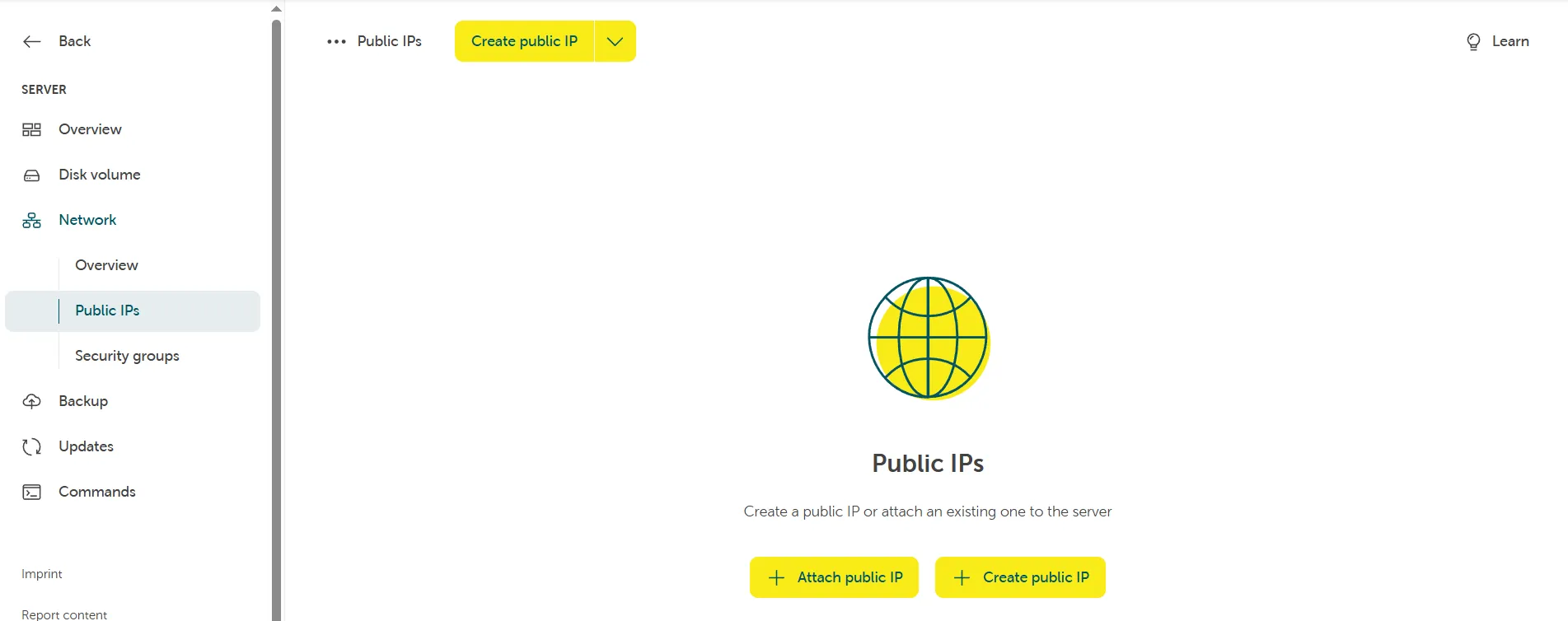 Public IPs management view showing options to 'Attach public IP' or 'Create public IP'.