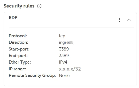 Detailed view of the RDP security rule, showing Protocol TCP, Direction ingress, and ports 3389.