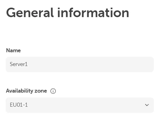 General Information section showing the server Name 'Server1' and the selected Availability zone 'EU01-1'.