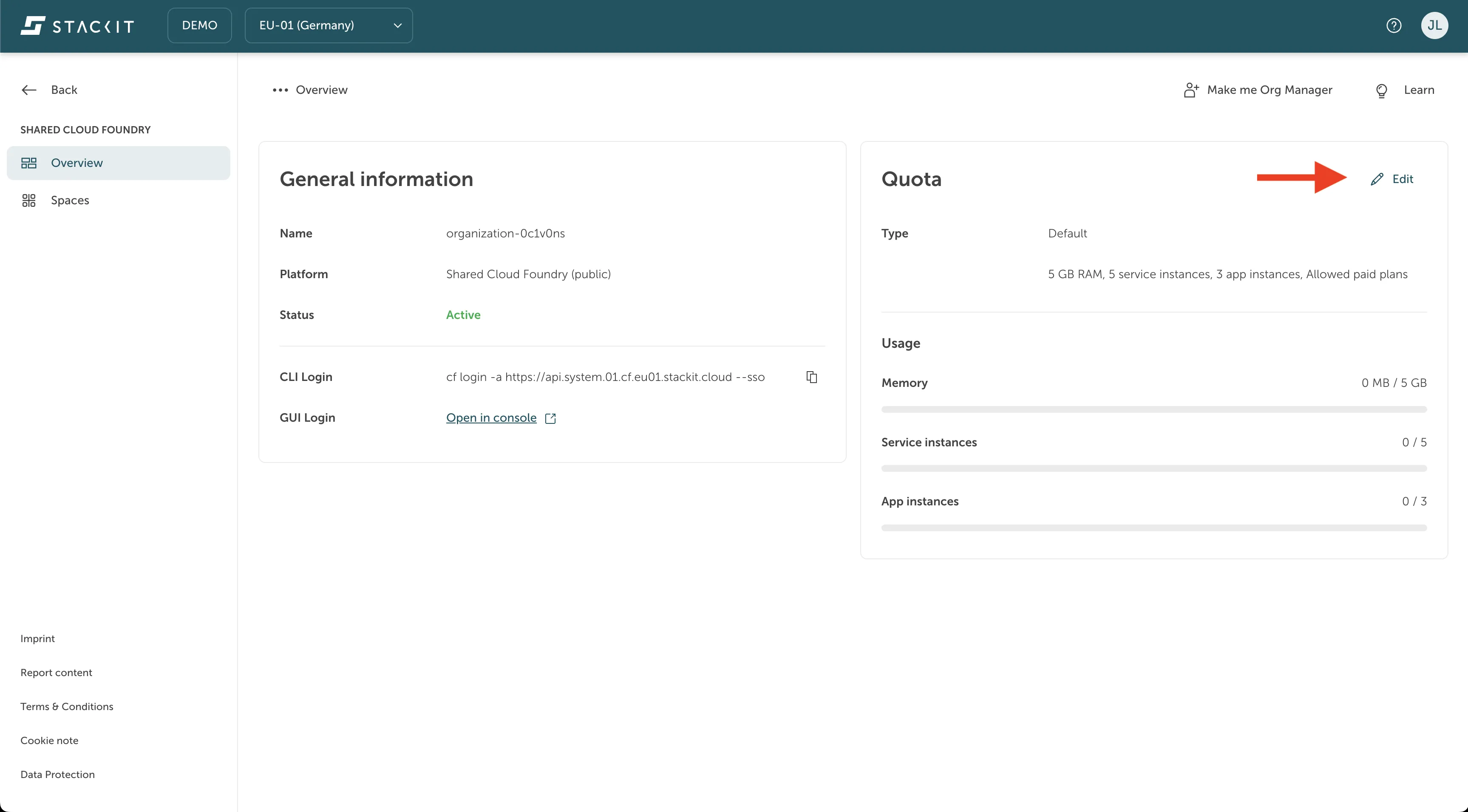 STACKIT Cloud Foundry Organization Overview Quota Edit Button. The page shows the "General information" and "Quota" for a Cloud Foundry organization. The "Quota" section displays the default limits (5 GB RAM, 5 service instances, 3 app instances) and current usage. A red arrow points to the "Edit" button located in the top-right corner of the "Quota" section, which is used to modify the resource allocation limits for the organization.