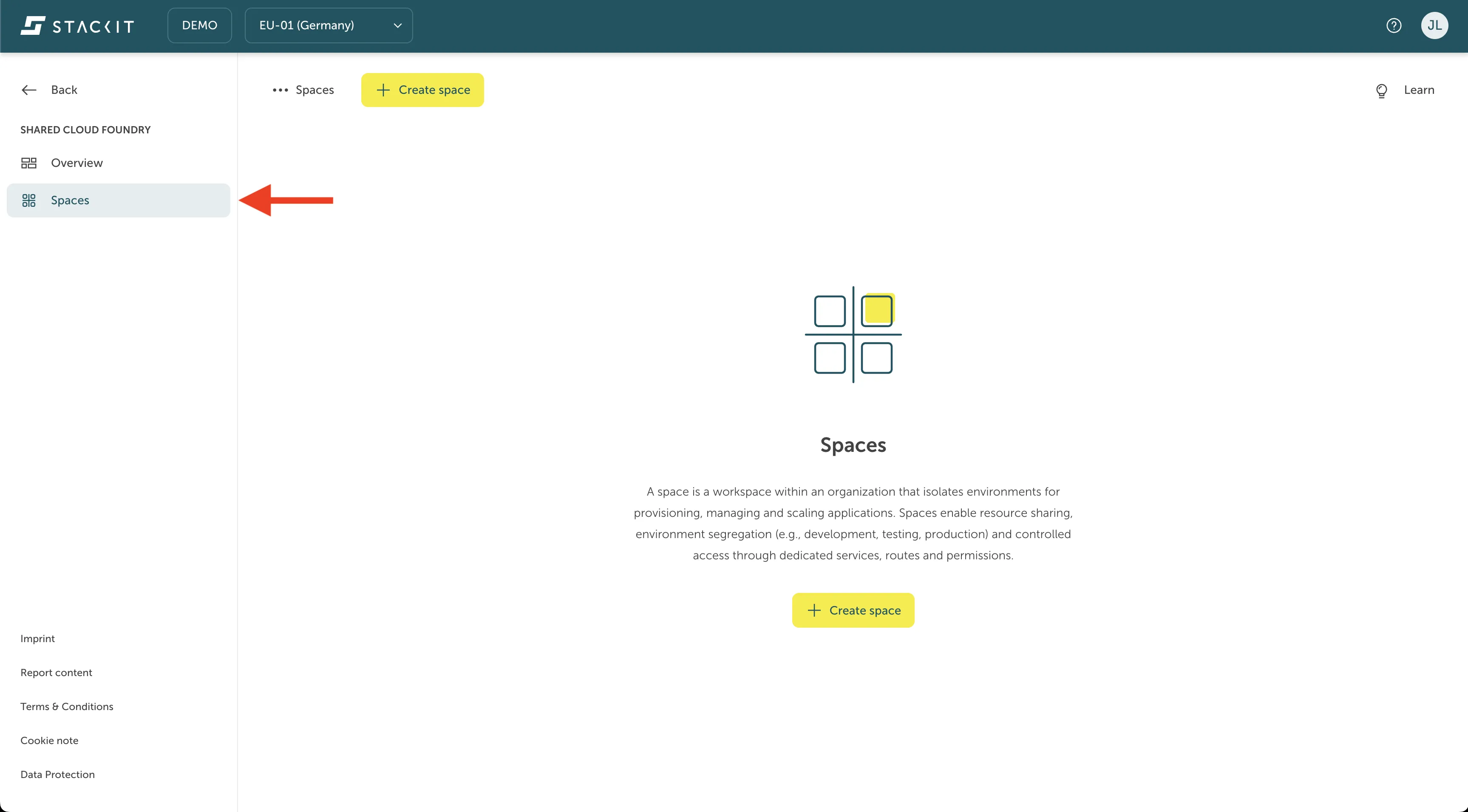 STACKIT Cloud Foundry Spaces Management Screen. The main content area is titled "Spaces" and features an icon of four squares (a grid) with two highlighted in yellow. The description text explains that a space is a workspace for isolation, provisioning, managing, and scaling applications. The left navigation pane has "Spaces" selected, indicated by a red arrow pointing to the selected menu item. There is a "+ Create space" button above the content and another near the bottom of the content.