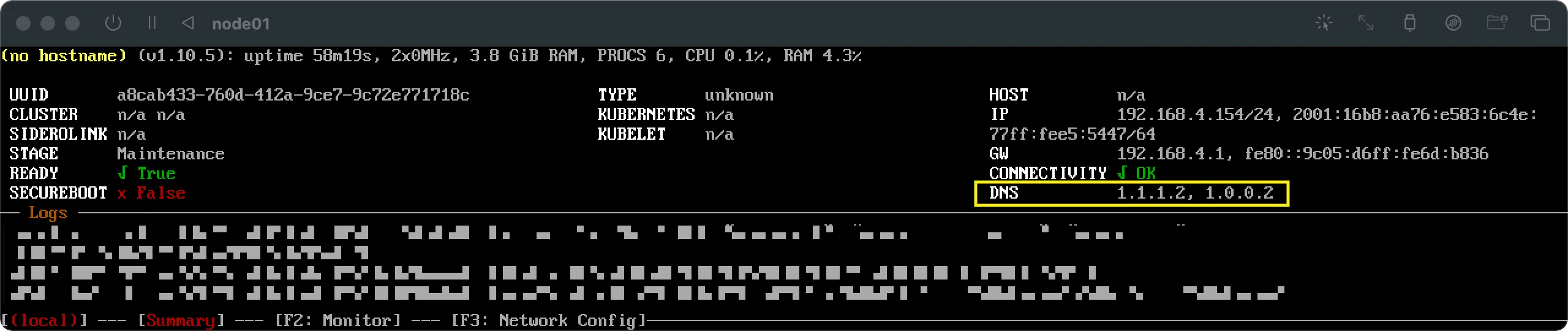 A screenshot of a black terminal window displaying the status of a node.