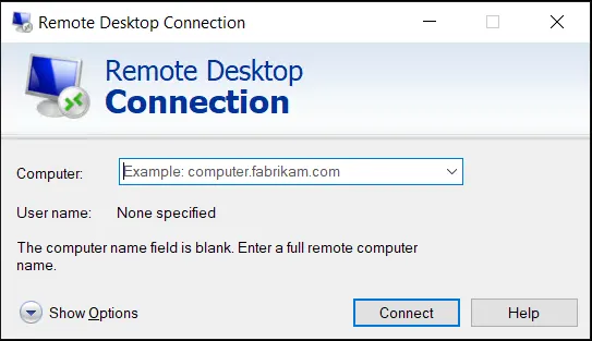 Remote Desktop Connection dialog box showing input fields for Computer and User name.