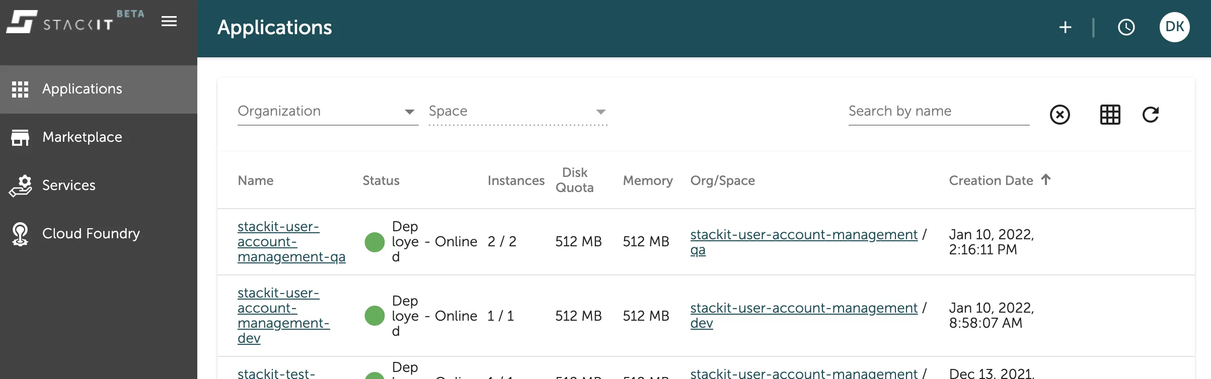 The console UI's application overview.