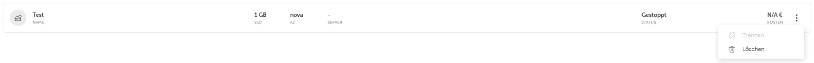List item showing a volume/server named 'Test' with 'Stopped' status, and an open context menu displaying 'Detach' and 'Delete' options.