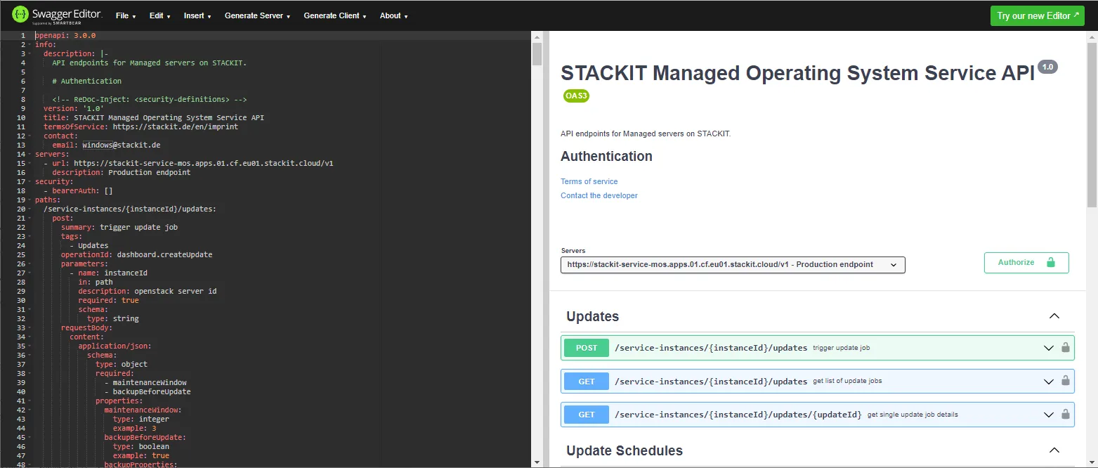 Screenshot of the Swagger Editor displaying the OpenAPI (Swagger) specification for the STACKIT Managed Operating System Service API. The left pane shows the YAML/JSON definition with paths like /service-instances/instanceId/updates. The right pane, which is the rendered documentation, shows the API endpoints for Updates and Update Schedules. The Updates section highlights a green POST method for /service-instances/instanceId/updates with the summary "trigger update job."