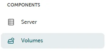 Navigation snippet under COMPONENTS, showing the 'Volumes' option selected below 'Server'.