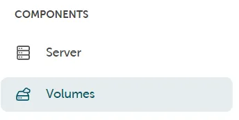 Navigation snippet under COMPONENTS, showing the 'Volumes' option selected below 'Server'.
