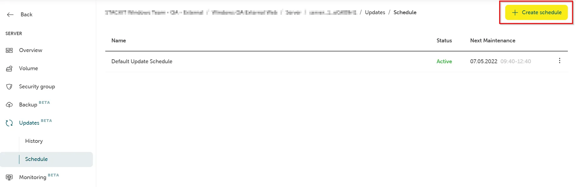 Screenshot of a server Updates/Schedule management page.