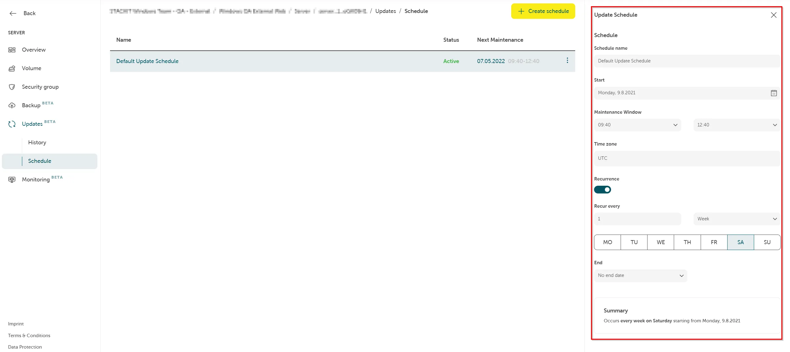 Screenshot of the "Update Schedule" configuration panel, a large panel overlaid on the right side of the main "Updates / Schedule" page. The panel contains fields to configure a recurring update job. Fields include: "Schedule name" (Default Update Schedule), "Start" (Monday, 9.8.2021), "Maintenance Window" (09:40 to 12:40), and "Time zone" (UTC). "Recurrence" is enabled, set to recur every "1 Week" on Saturday ("SA") and Sunday ("SU") (highlighted in blue). The "End" is set to "No end date." The panel summarizes the settings at the bottom: "Occurs every week on Saturday starting from Monday, 9.8.2021."