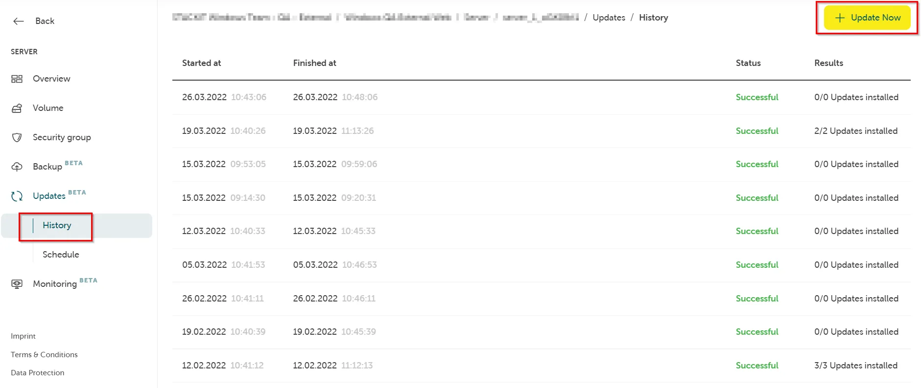 Screenshot of a server Updates/History management page. The main section displays a table of past update jobs, showing their "Started at," "Finished at," "Status," and "Results." All listed jobs are marked "Successful," with results like "0/0 Updates installed" or "3/3 Updates installed." The left navigation pane shows "Updates" selected with the "History" sub-section active. A bright yellow button labeled "Update Now" is highlighted with a red box in the top right corner.