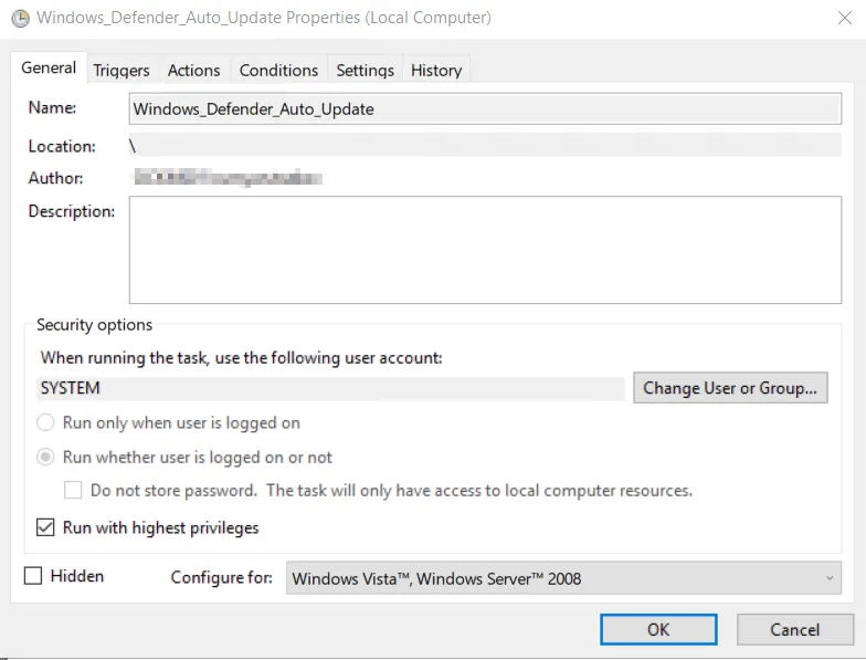 Windows Defender Auto Update task properties dialog box, showing the General tab and security options set to run as SYSTEM with highest privileges.