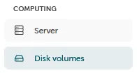 Navigation snippet under COMPUTING, showing the 'Disk volumes' option selected below 'Server'.