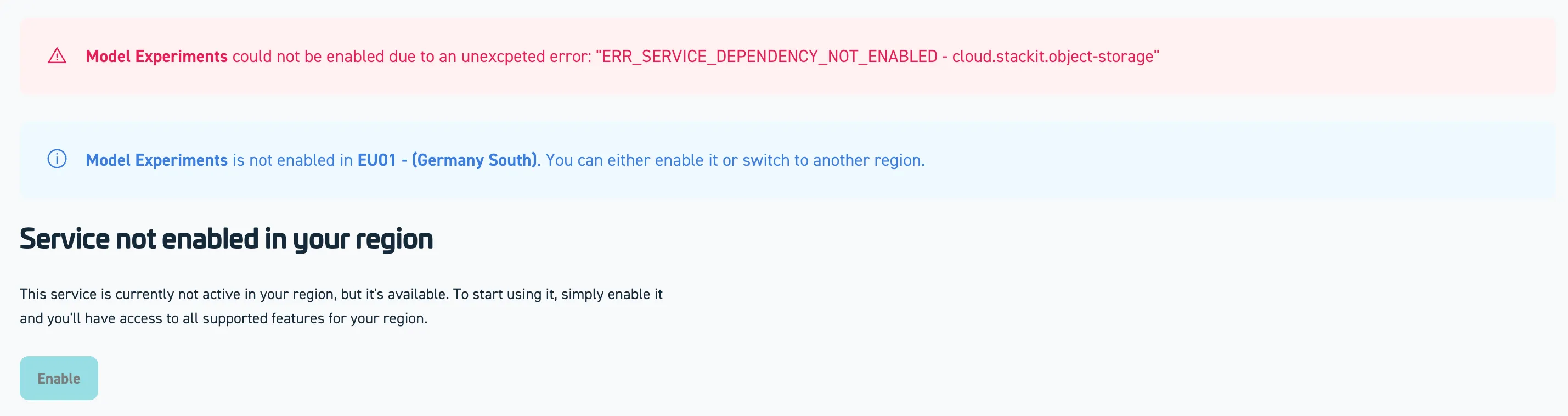 Error message when object storage dependency is not met