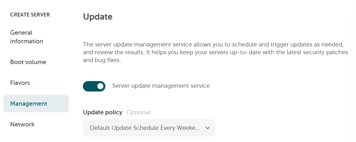 A screenshot showing ordering a sever and activating the server update management service toggle in the process as well as choosing an update policy