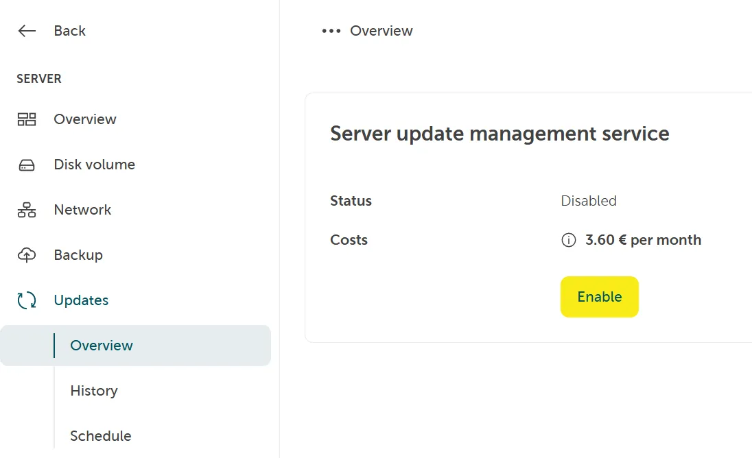 A screenshot showing navigating to server, then Updates, then Overview, and then clicking the Enable button