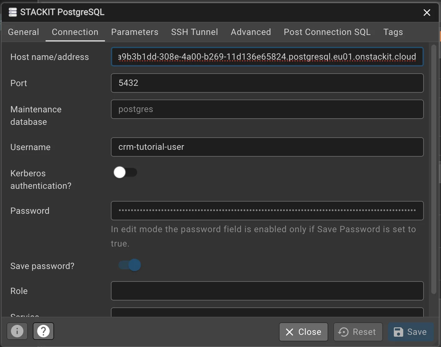 New server pane of PGAdmin 4