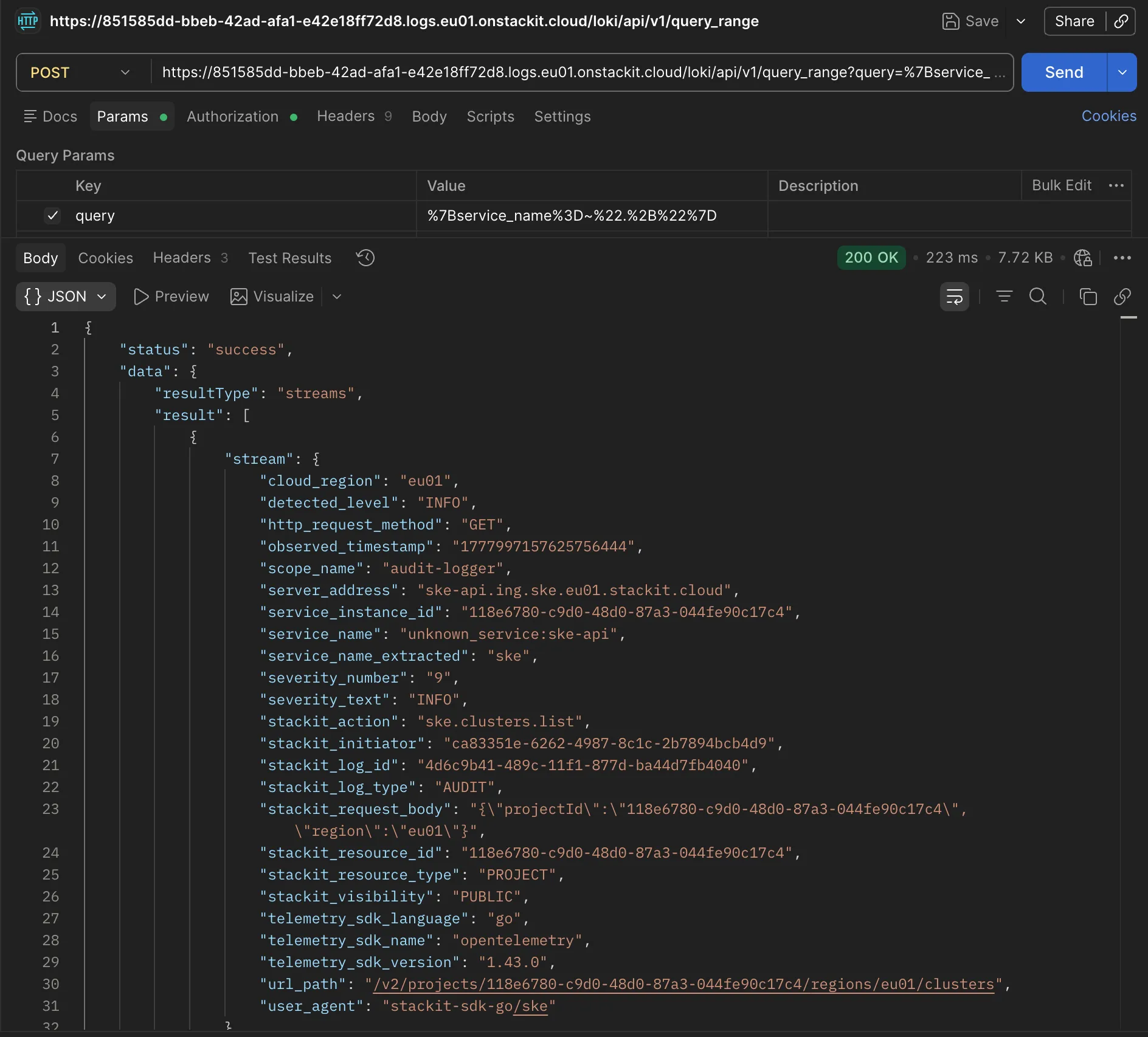 Postman fragt STACKIT Logs ab und zeigt Audit-Trails im Ergebnis