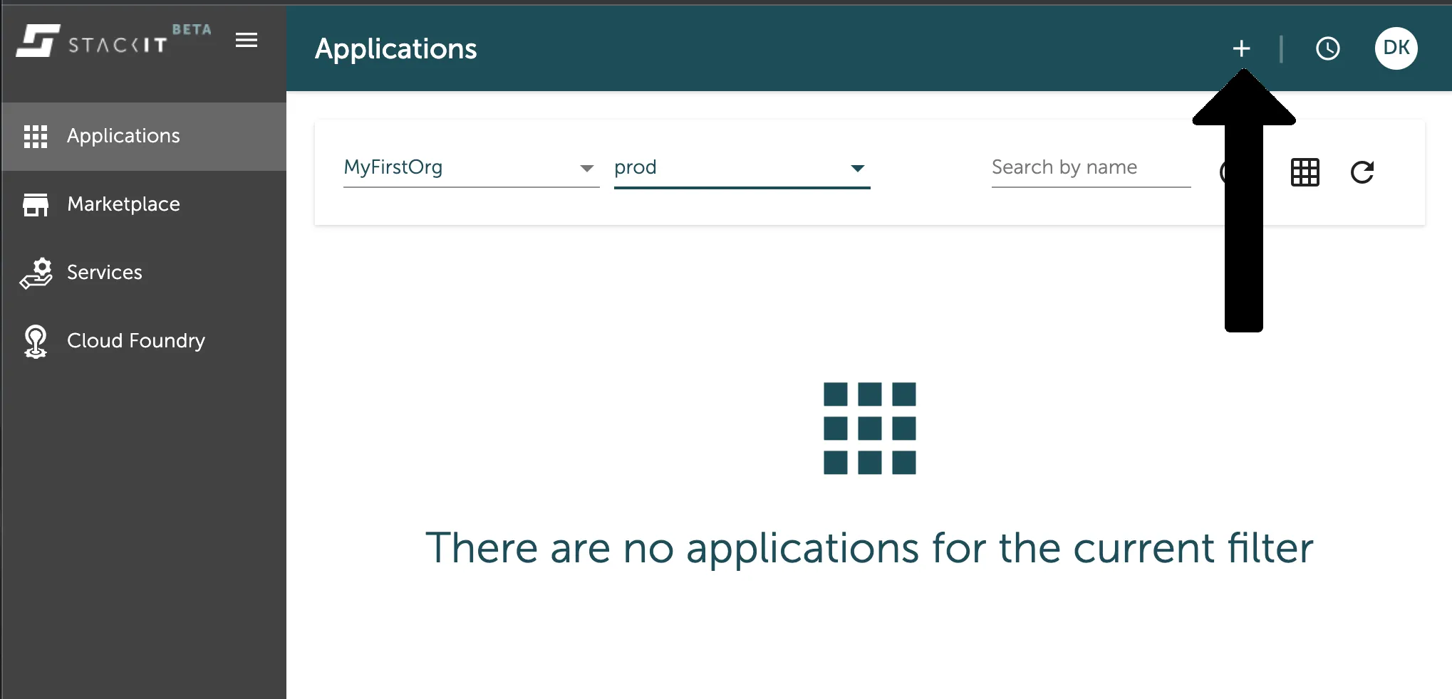 A screenshot of the STACKIT UI showing the main "Applications" view. The organization is set to "MyFirstOrg" and the space is "prod." The main content area states, "There are no applications for the current filter." A large black arrow points to the plus icon (+) in the top right corner, which is used to start the process of creating or deploying a new application.